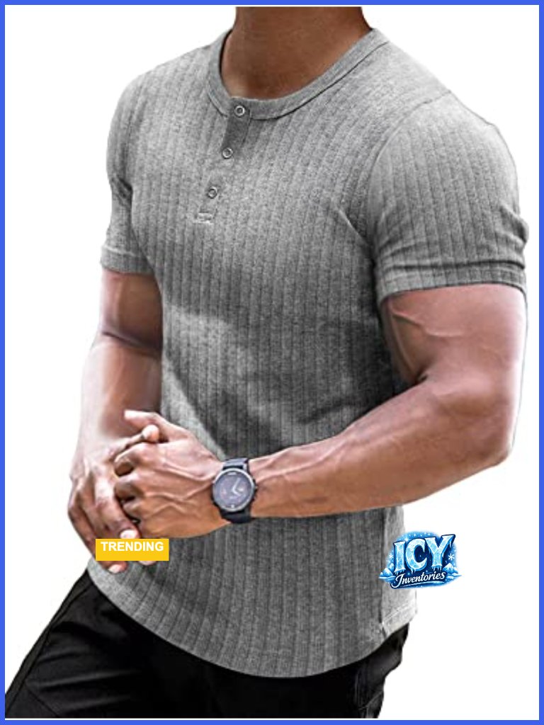 Ribbed Henley Shirt Short Sleeve Slim Fit Cotton Casual Button Down T-Shirt